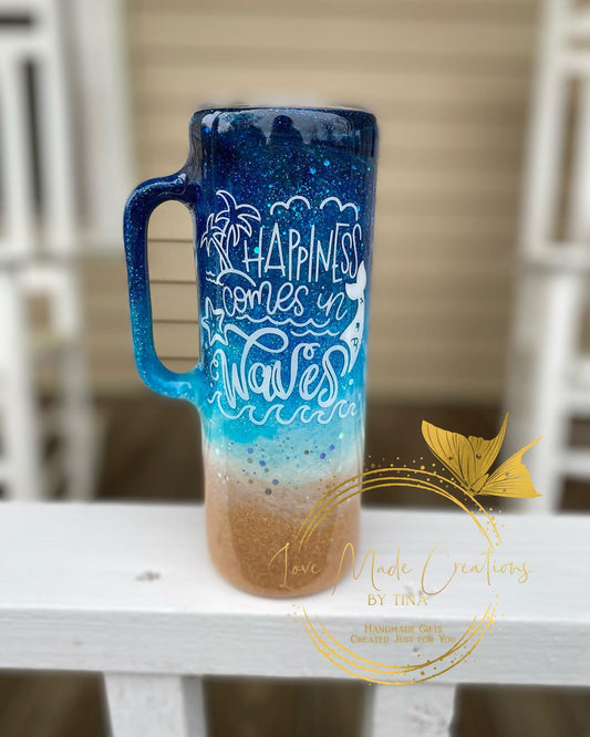 Happiness Comes In Waves Glittered Beach themed Handle tumbler
