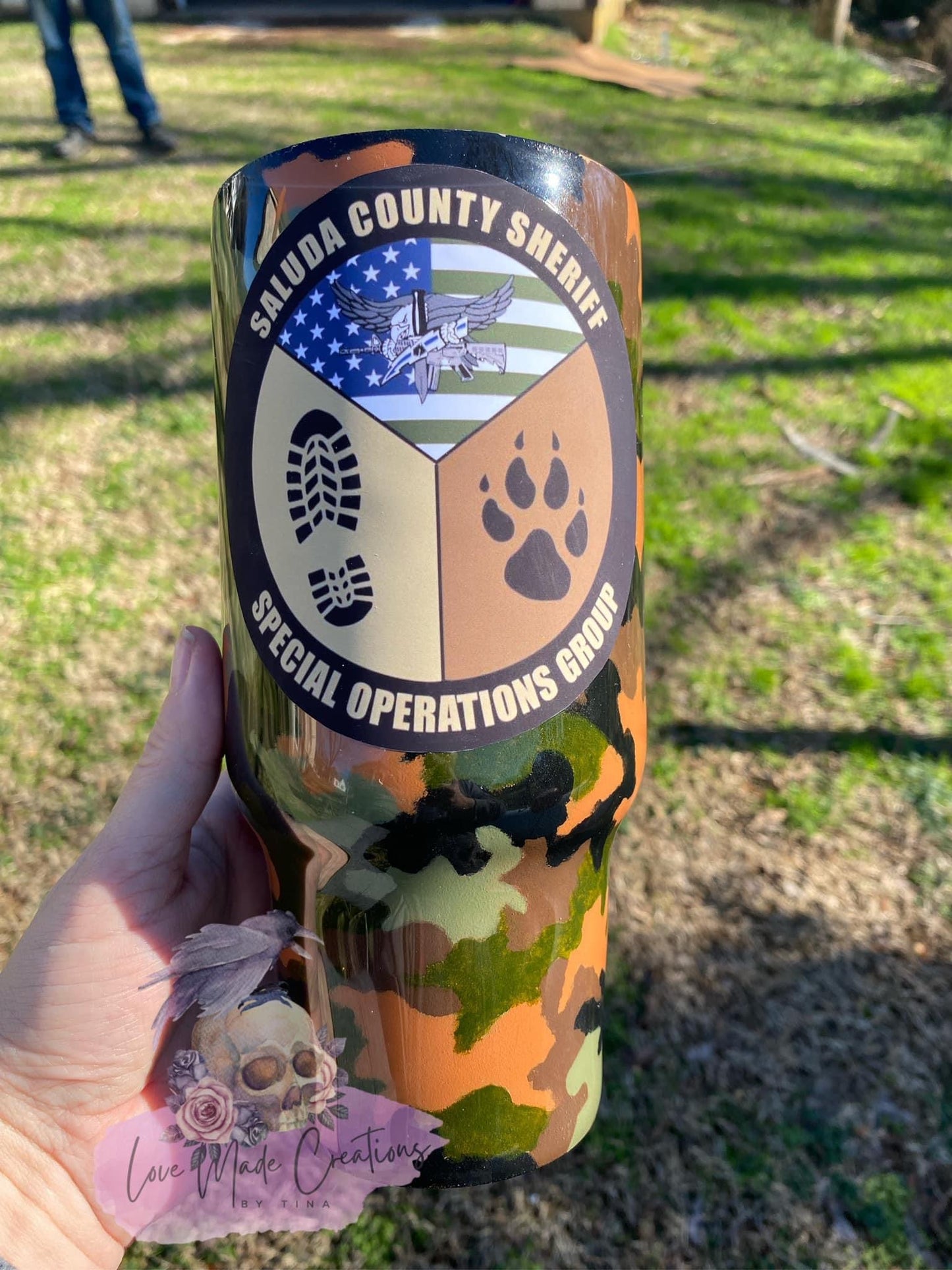 Hand Painted Camo Blue Line American Flag Tumbler