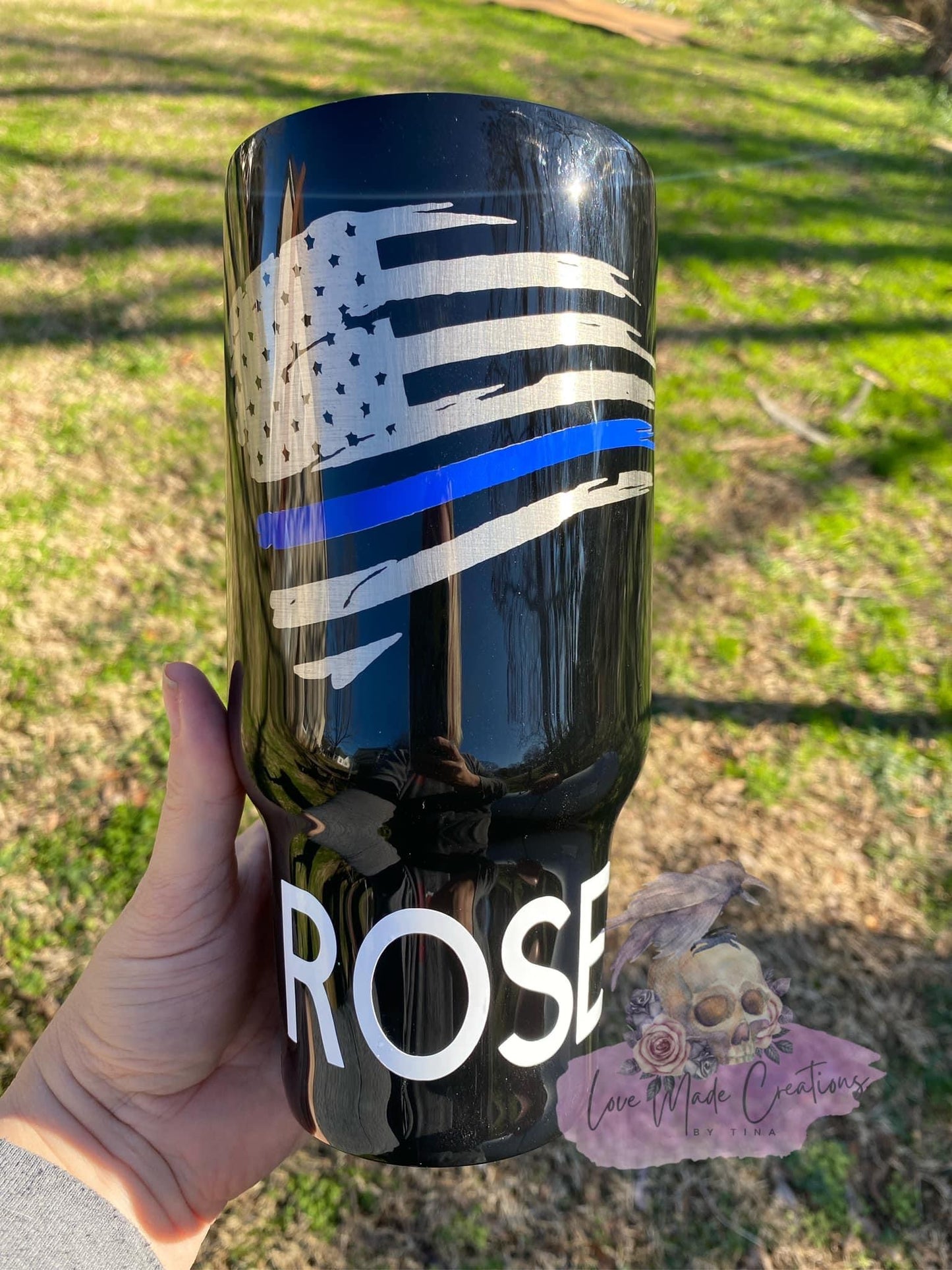 Hand Painted Camo Blue Line American Flag Tumbler